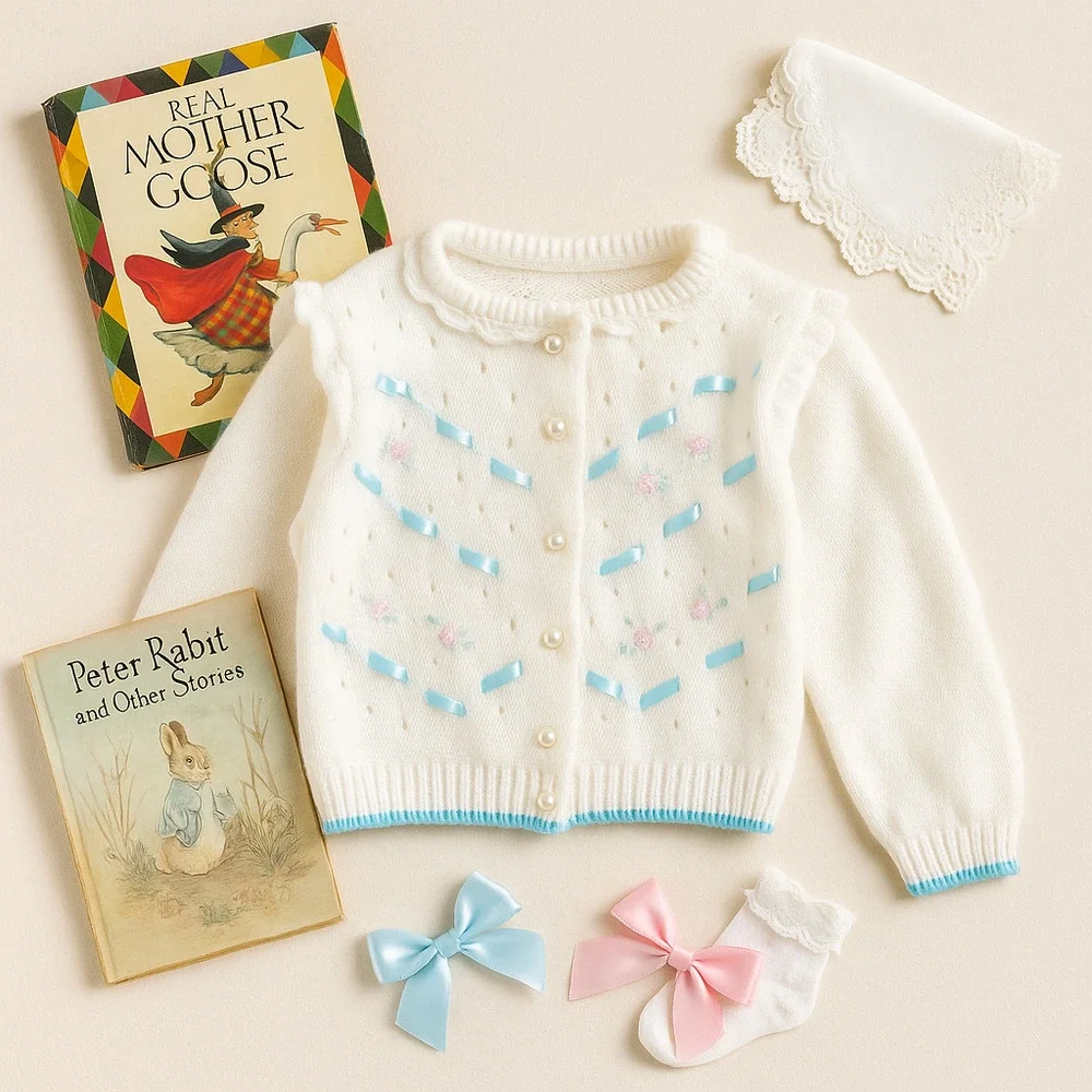 Vintage 1950s Baby Girl Cardigan Sweater | White Knit w/ Rosettes | Size 2T